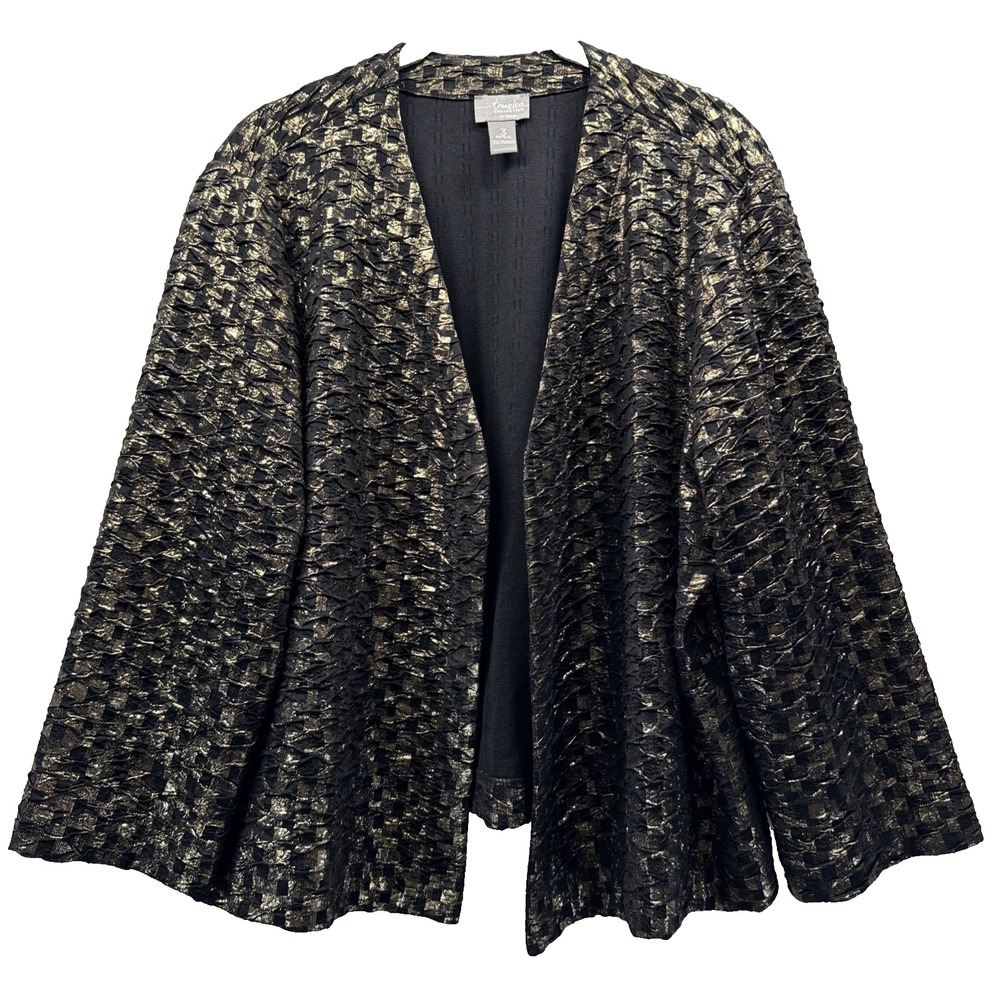 Chicos Travelers Collection Jacket Size XL Black Gold Metallic Stretch Packable